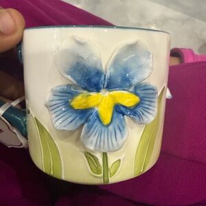 4 Hand-Painted Ceramic Mug with Blue & Yellow Floral Relief